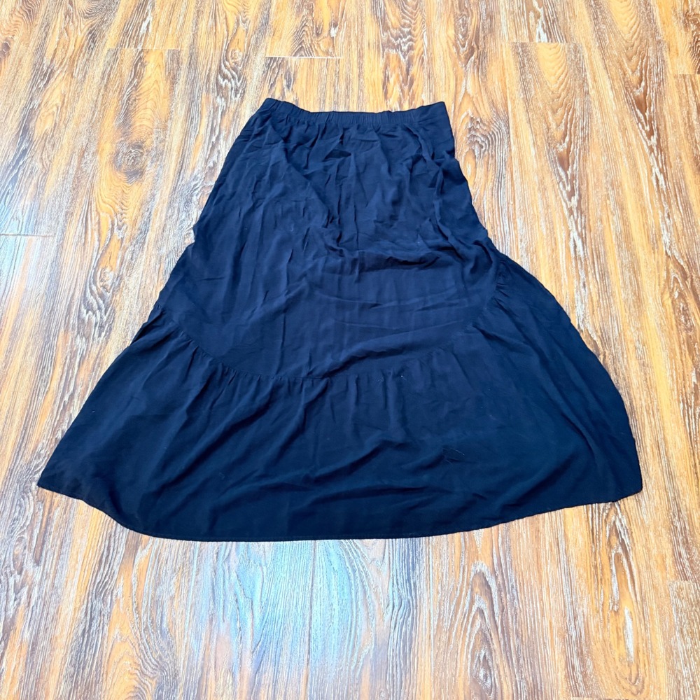 GEF France Black Tiered Maxi Skirt Button Slit Front Elastic Waist Women Size L